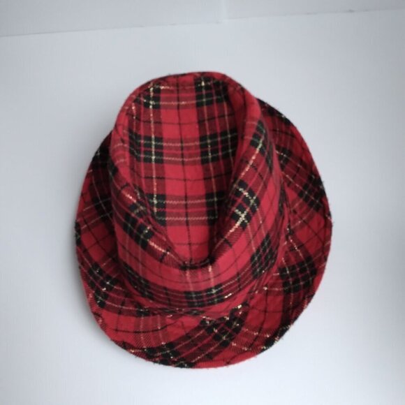 Red & Black Woven with Gold Thread Tartan Corduroy Porkpie Hat ~ Super Cute!! - Picture 5 of 9